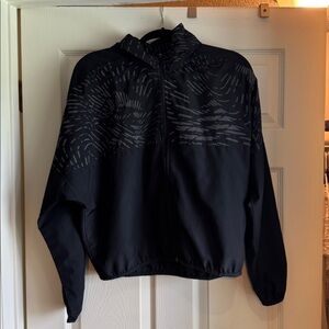 Nike Black Running Jacket with White Logo and Light Gray Print